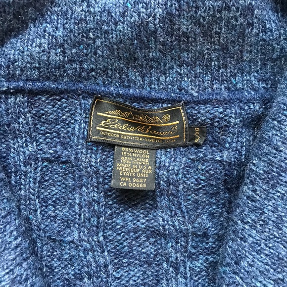 Men's VTG Eddie Bauer Wool Cableknit Shawl Collar Button Front Cardigan blue XL - Picture 2 of 6